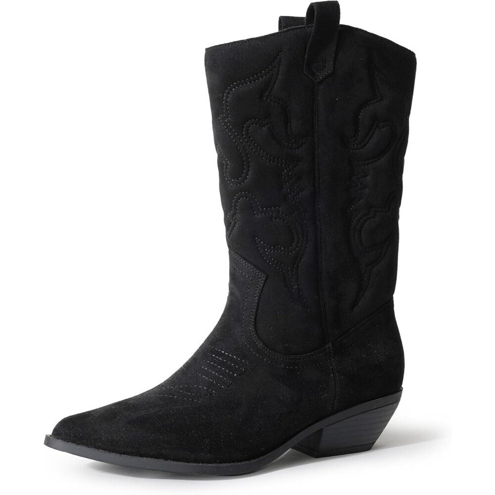 Women Polyurethane Black Suede Mid Calf Low Heel Pointed Toe Western Boot